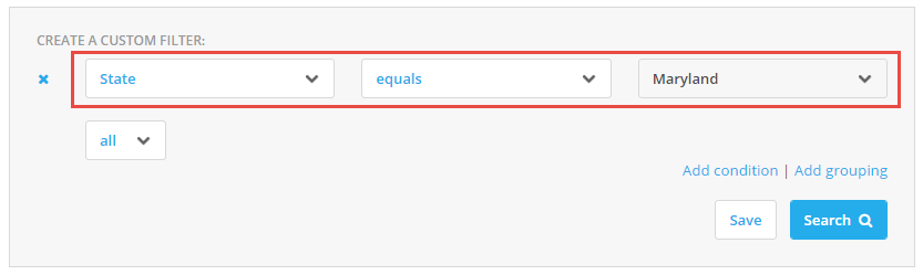 Example of filtering by one condition