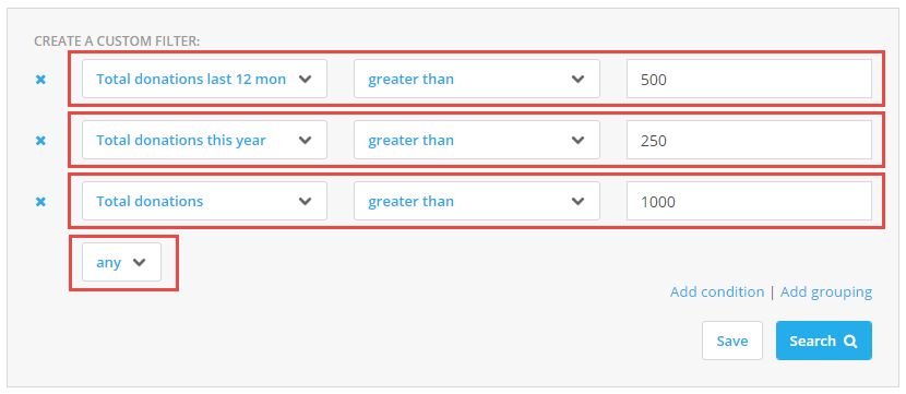 Example of filtering using any condition