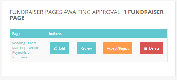 Screenshot of fundraiser pages awaiting approval on campaign dashbaord